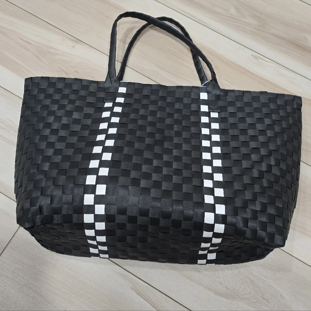 Kate Spade-Black+White Basket Weave-Woven Tote Beach Bag/Shopping/Travel